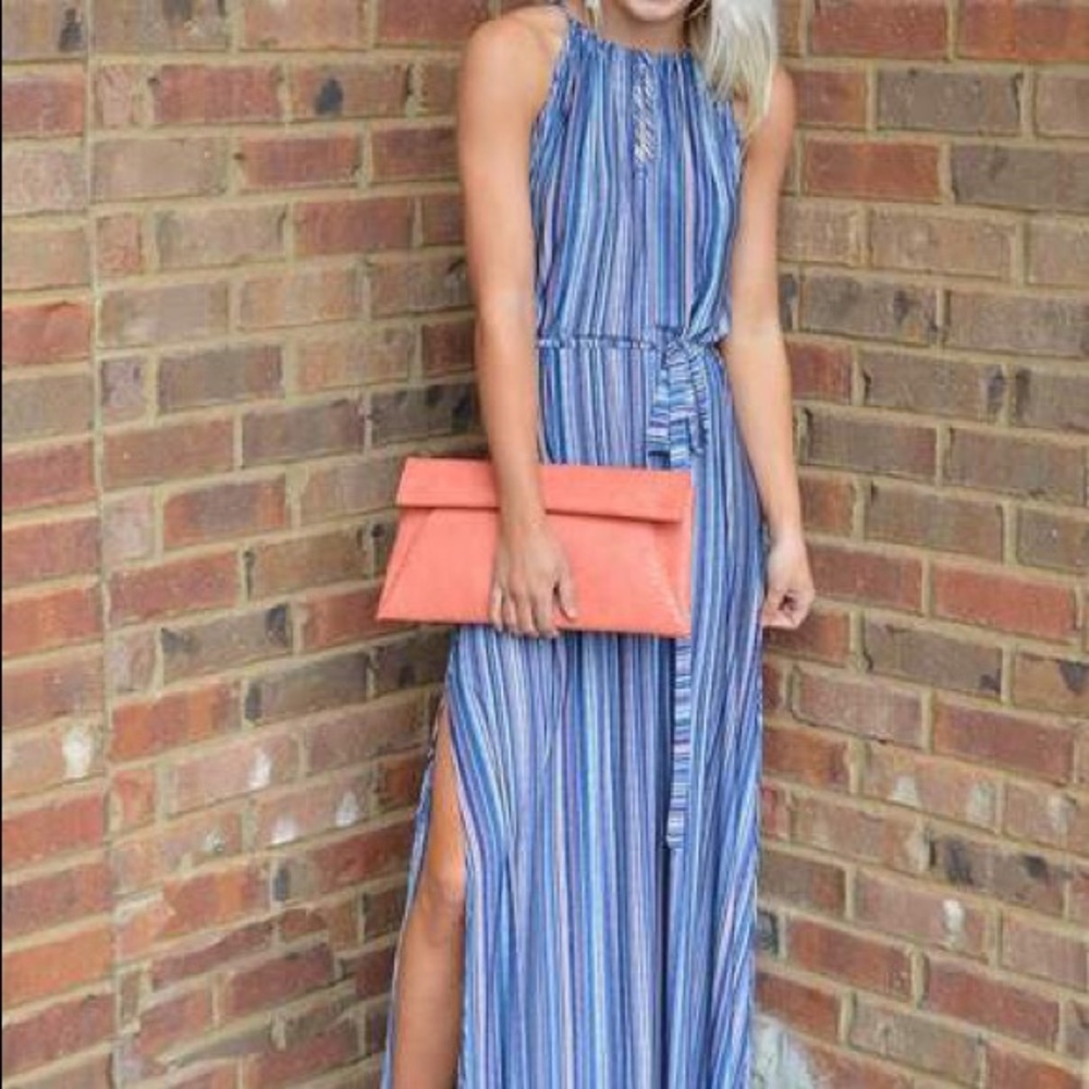 VERONICA M MYA BELTED HALTER MAXI DRESS